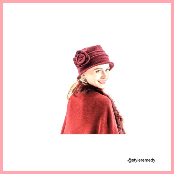 Wool Blend Vintage Cloche Bucket Hat with Stitched Flower Accent
